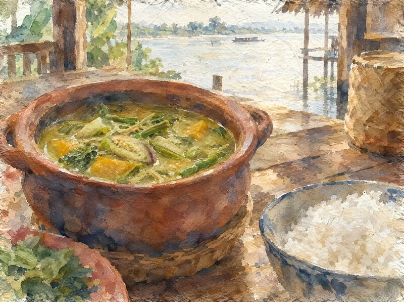 Vegetable soup with pumpkin, eggplant and greens in a clay pot, with a bowl of rice beside a river