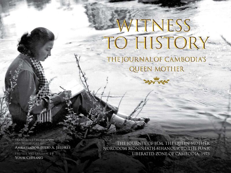 A black and white photo of a woman in a checked scarf writing in a notebook on a riverbank, under the gold title Witness to History.
