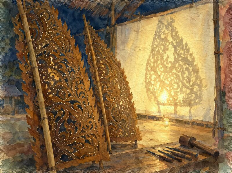 Two large carved leather panels cut in dense scrollwork stand on bamboo poles beside carving chisels and a mallet, before a lit white screen showing an ornamental shadow.
