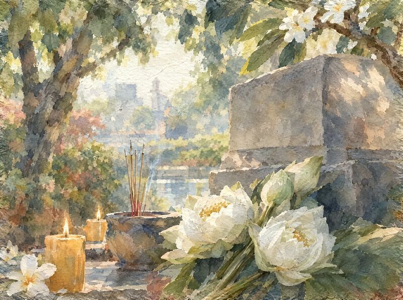 White lotus flowers, candles and incense laid before a quiet memorial