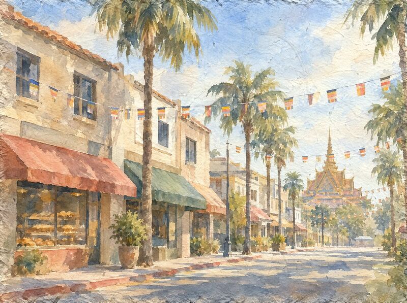 A Long Beach street of stucco storefronts, palms and festival flags