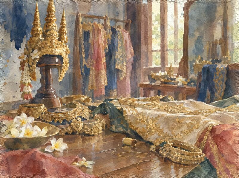 A gilded apsara crown, jewelry and silk costume laid out on a costume table