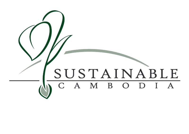 A green calligraphic leaf and heart shape above the words Sustainable Cambodia.
