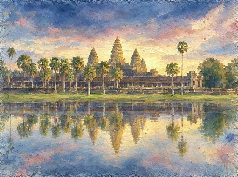Watercolor of a long sandstone temple with a row of tall towers, the tallest in the middle, behind palms and a grass bank, mirrored in still water under a pink and gold dusk sky.