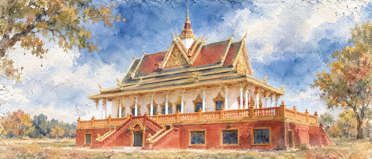 A Khmer temple hall with a tall red base, a double red stair, cream walls and a red and gold tiered roof