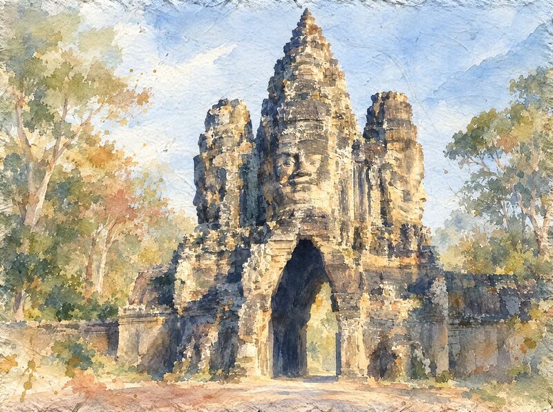 A weathered stone gate tower crowned with large carved faces above a pointed arch, among tall trees