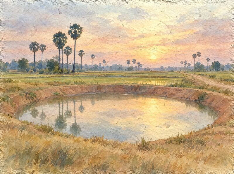 A round, still pond with steep earthen banks in dry grassland beside rice fields, reflecting a pale evening sky, with sugar palms and a dirt track in the distance and no people