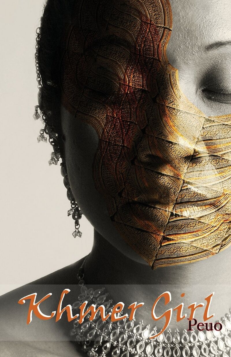 Close-up of a woman's face covered with a pattern like cracked earth.