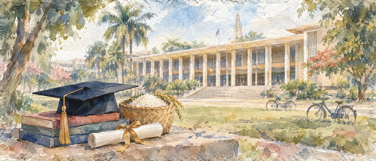 Watercolor of a graduation cap and books beside a basket of rice, school supplies and young sugar palms