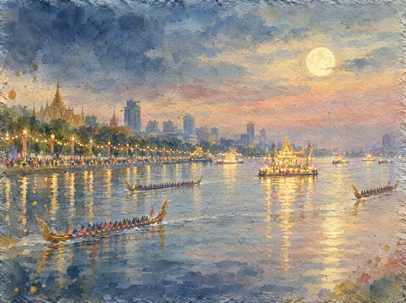 Long racing boats with carved prows on a wide river at dusk, lanterns and an illuminated float