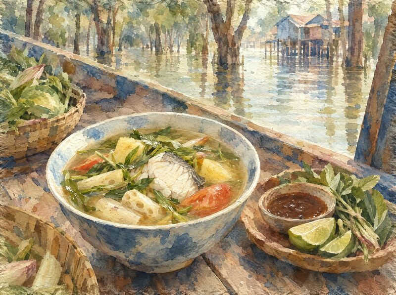 Sour fish soup with pineapple, tomato and herbs, with a dipping sauce and limes, a flooded forest behind
