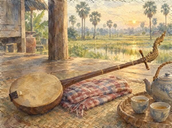 A long-necked chapei lute resting on a woven mat on a wooden house porch