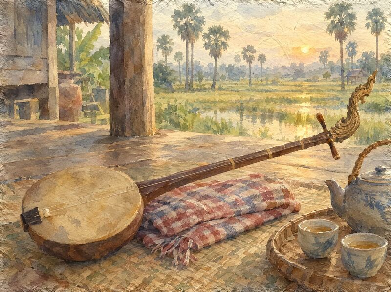 A long-necked chapei lute resting on a woven mat on a wooden house porch