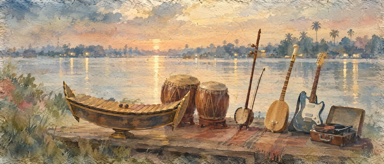 A roneat xylophone, skor thom drums, a tro fiddle, a chapei lute, an electric guitar and a record player by a river at dusk
