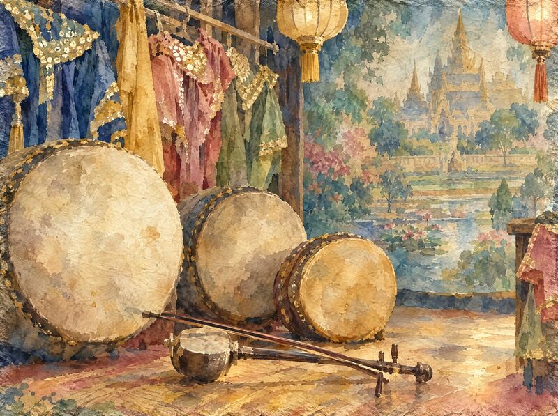 Yike frame drums, costumes and painted backdrop on a village stage