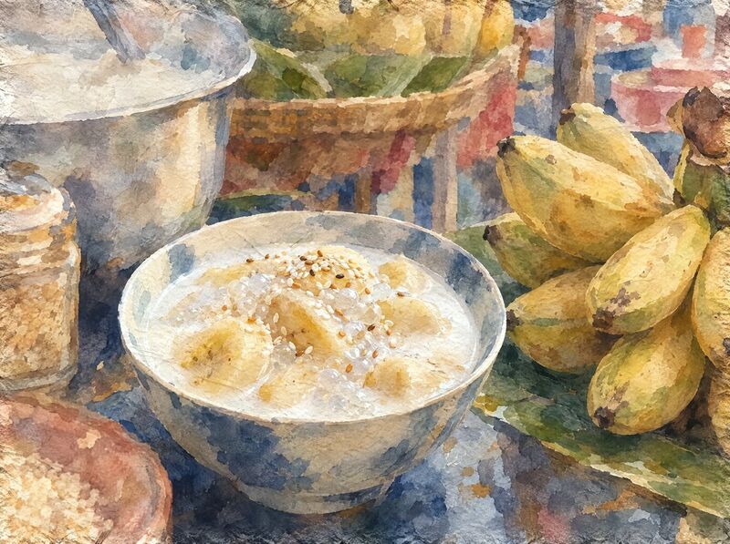 A bowl of bananas in coconut milk sprinkled with sesame, beside a bunch of small bananas