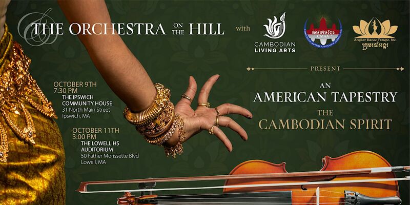 A banner showing a dancer's hand in gold bracelets above a violin, with the concert title, dates and partner logos.