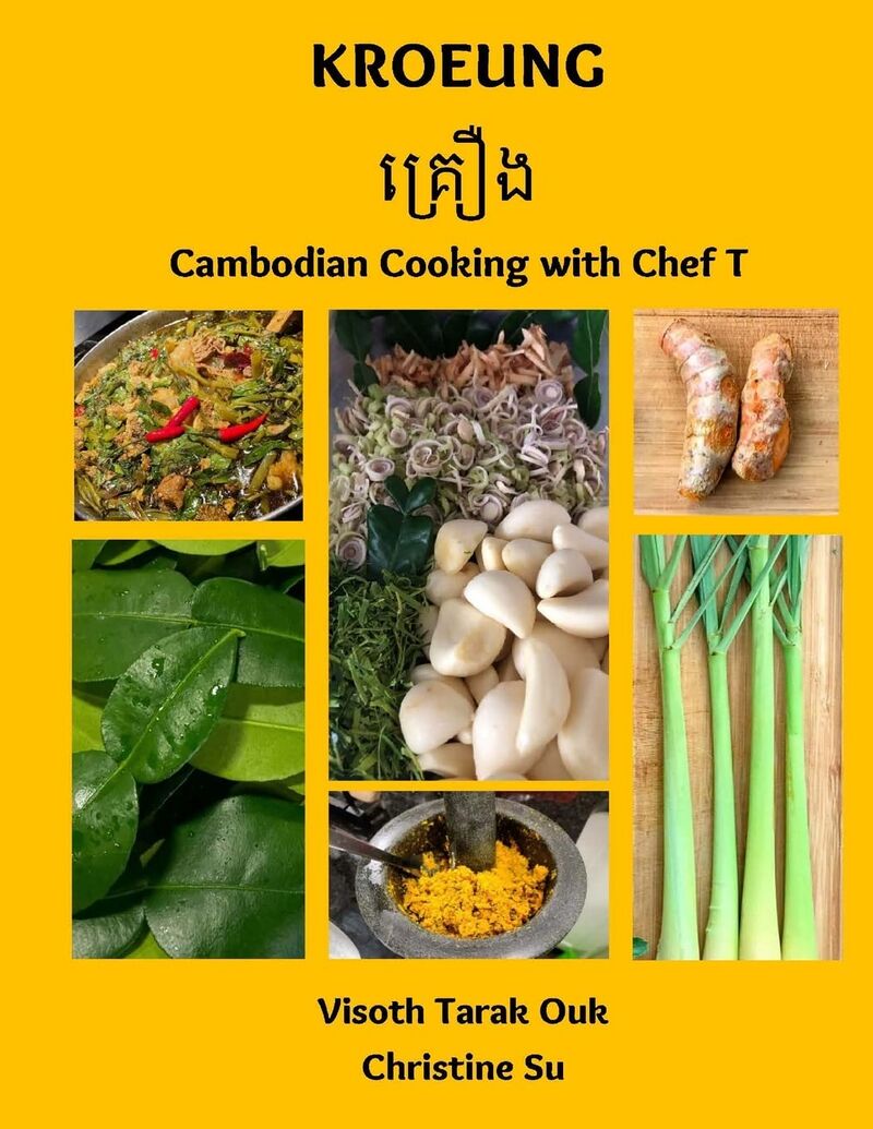 Yellow cover with a grid of photographs of herbs, roots and kroeung paste.