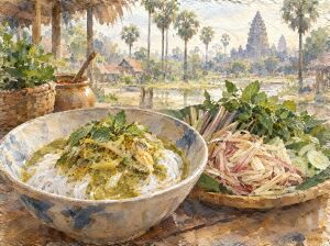A bowl of rice noodles under green fish curry and herbs, with a tray of shredded banana blossom and greens