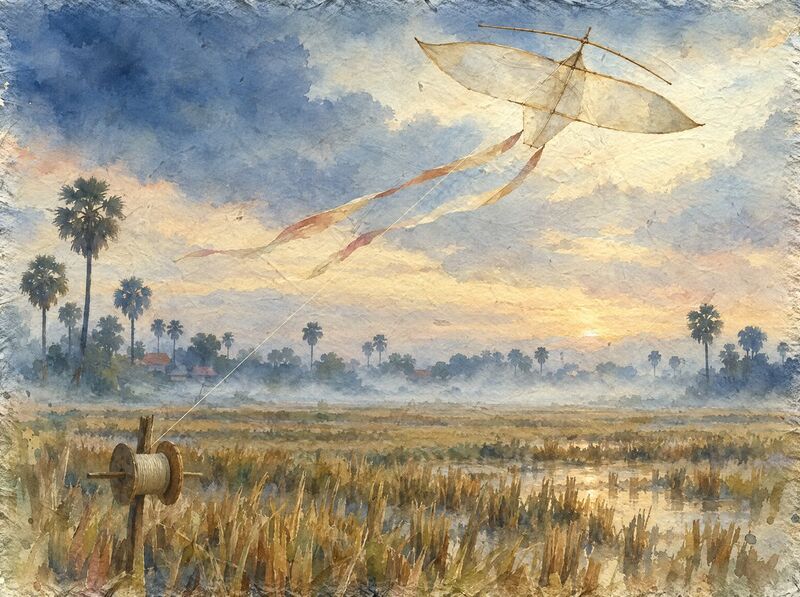 A large bamboo kite with a bow across its top and long tails over misty rice stubble, its line tied to a reel