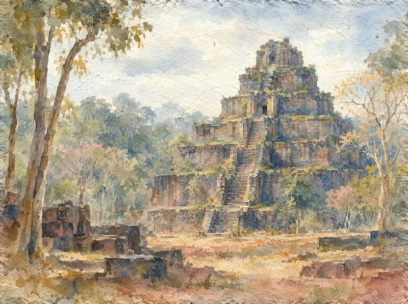 The seven-tiered sandstone pyramid of Prasat Thom rising from the forest