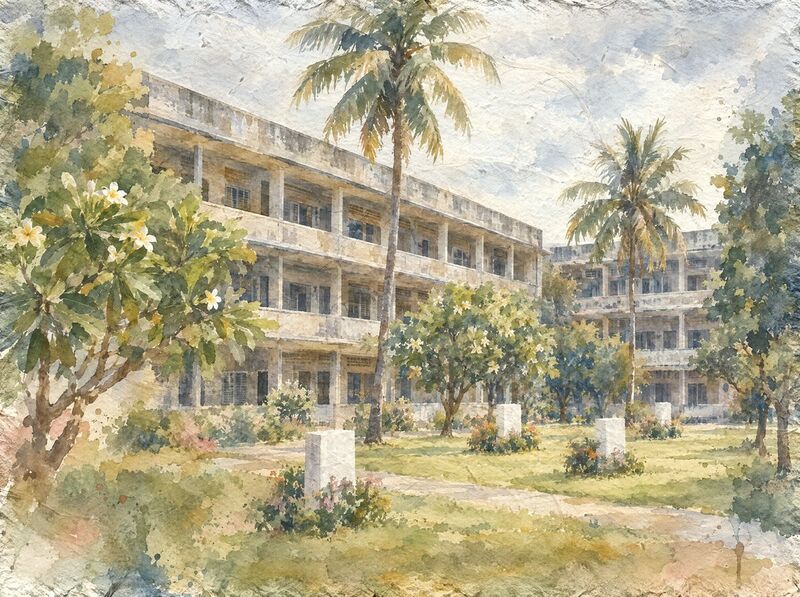 Plain three-story school buildings around a quiet courtyard with trees