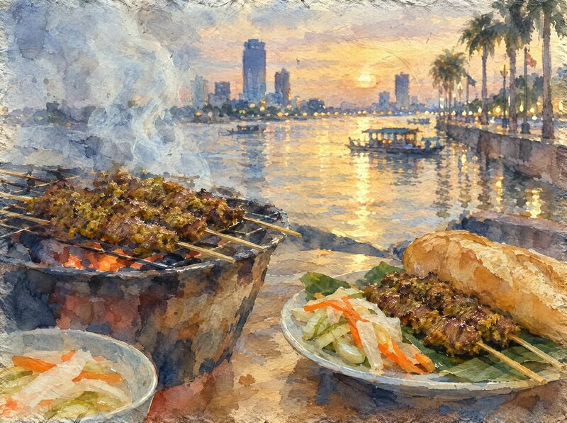 Beef skewers on a charcoal grill and on a plate with baguette and pickles, by a city river at sunset