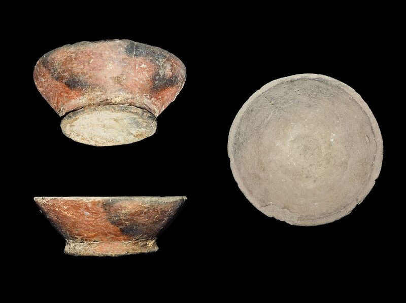 Three views of a round reddish clay bowl on a black background.