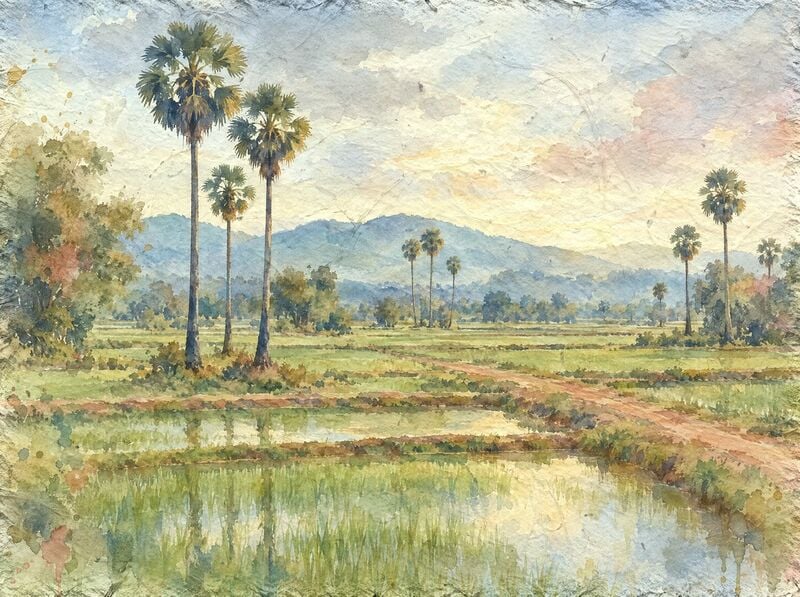 Green rice fields with tall sugar palms along the dikes, a red dirt track and low blue hills under a soft morning sky