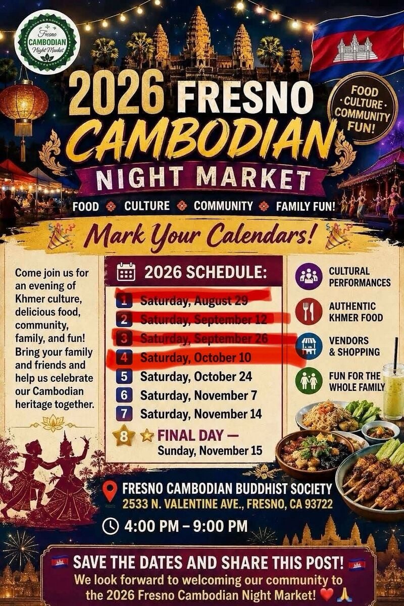 Event poster with market dates, hours and venue details.