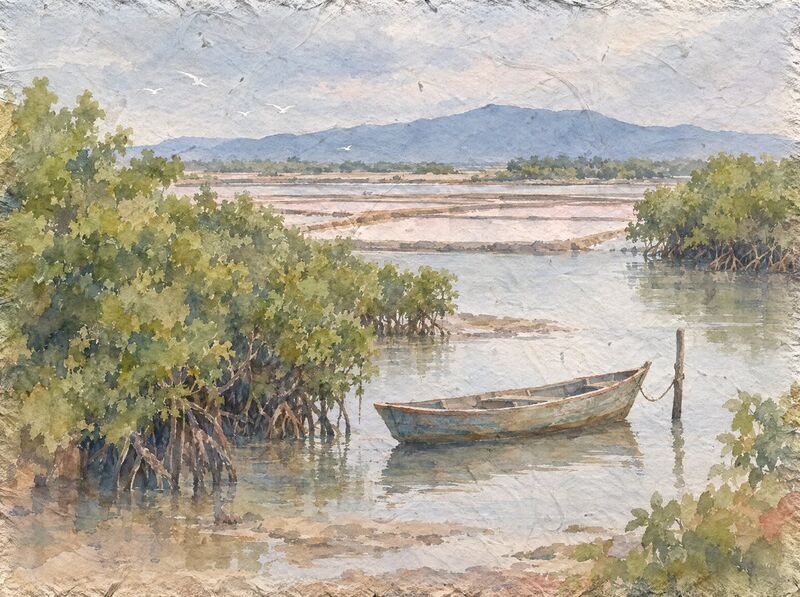 An empty wooden boat moored among mangroves, with salt pans and a blue mountain ridge beyond.