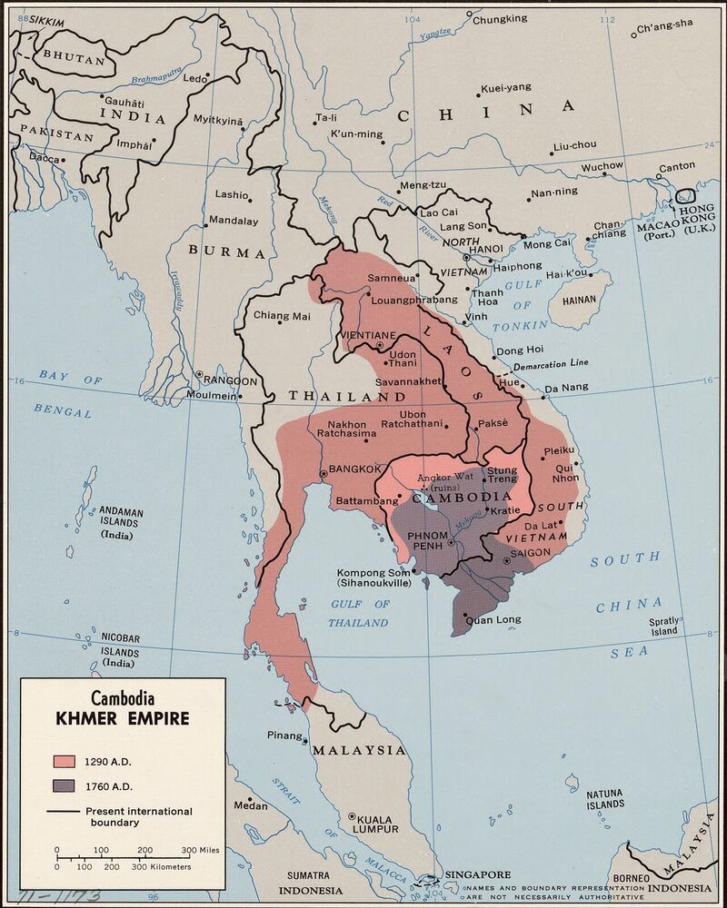 A map of mainland Southeast Asia with the empire's area shaded pink and purple.