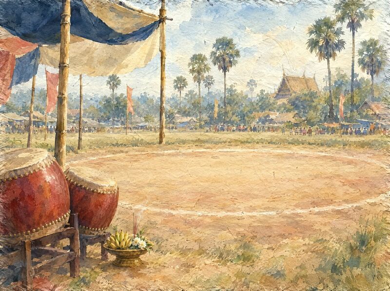 An empty sandy ring in a dry field, two red barrel drums and an offering of bananas and incense beside it