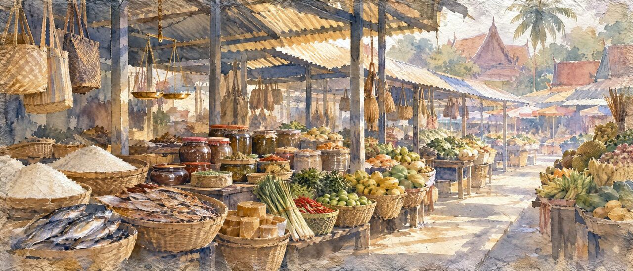 Watercolor of rice sacks, fish sauce bottles, lemongrass and baskets of tropical fruit in a grocery