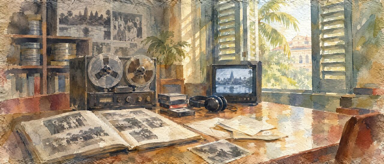 Watercolor of a cassette recorder, a phone, a photo album and letters on a kitchen table