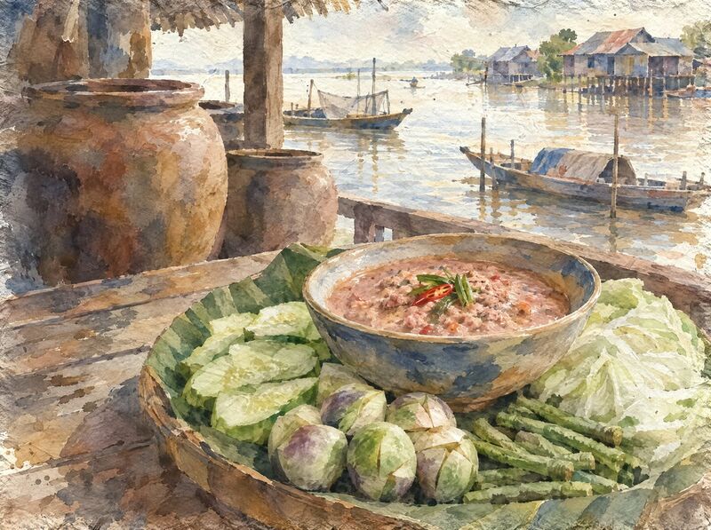 A bowl of prahok dip surrounded by cucumber, small eggplants, long beans and cabbage, a river village behind