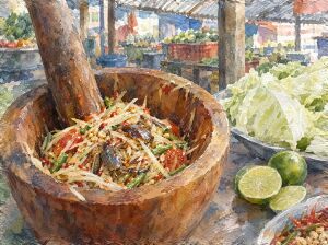 Shredded green papaya salad in a wooden mortar with its pestle, beside limes and cabbage at a market