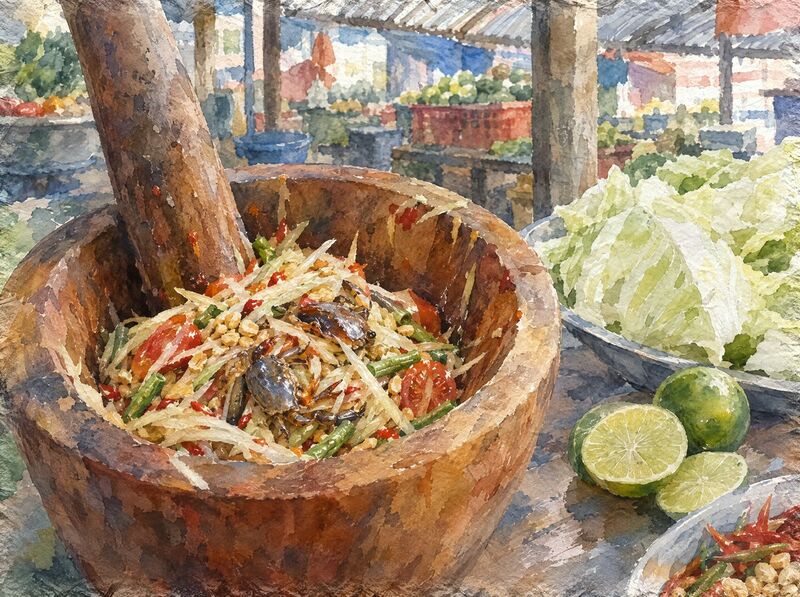 Shredded green papaya salad in a wooden mortar with its pestle, beside limes and cabbage at a market