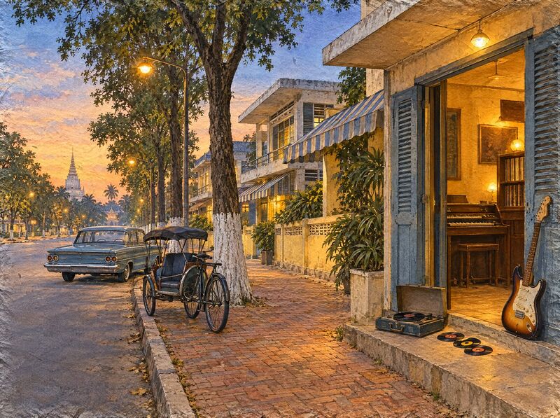 Watercolor of a tree-lined street at dusk with a cyclo and a parked car at the kerb, and a lit doorway on the right with a record player, three records, an electric guitar and a small organ.