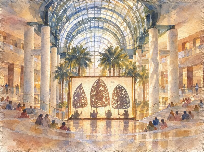 A lit white screen under a tall glass-vaulted atrium with palm trees, with large pierced leather shadow puppet panels held up against it by silhouetted puppeteers and small spectators sitting on wide stairs