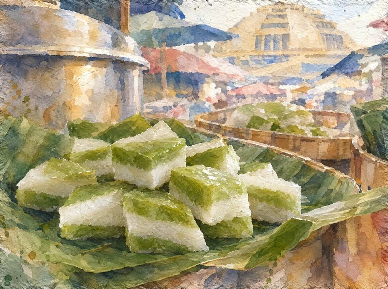 Layered green and white steamed cakes cut into diamonds on a banana leaf at a market