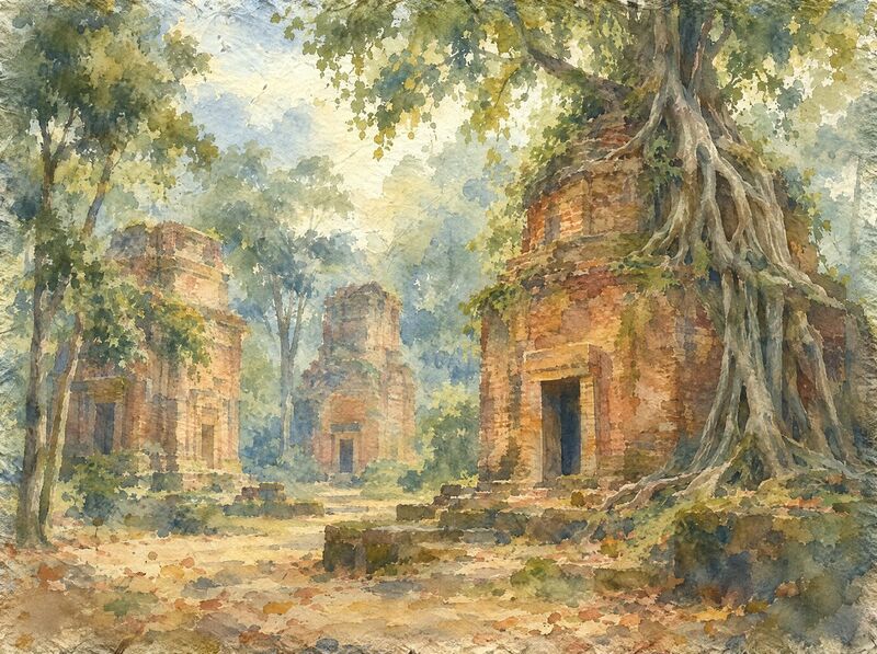 Octagonal brick towers of the pre-Angkorian temples in shaded forest