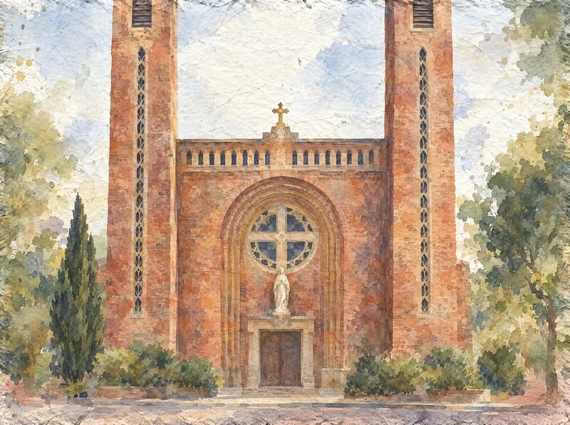 A red-brick cathedral front with two tall slender towers marked by vertical bands of narrow openwork, and a tall round-headed arch holding a large round window with cross tracery above a statue over the door