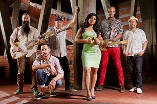 Six musicians pose with guitars in a brick building, a woman in a green dress at the centre.