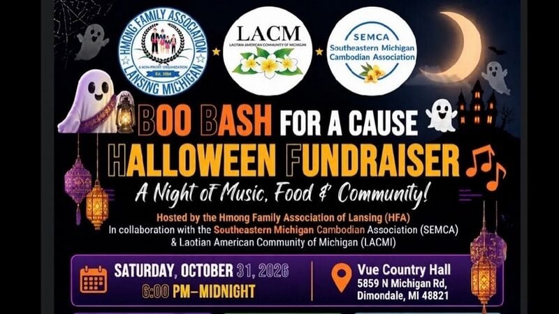 Halloween banner with ghosts, lanterns and a crescent moon: the logos of the Hmong Family Association, LACM and SEMCA, Boo Bash for a Cause, Halloween Fundraiser, Saturday, October 31, 2026, 6 p.m. to midnight, Vue Country Hall, 5859 N Michigan Rd, Dimondale, MI