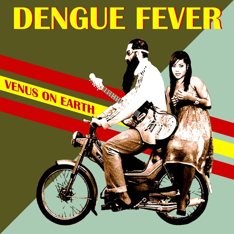 Album cover: a bearded man and a woman riding a motorbike over red and yellow stripes, under the band name in yellow.