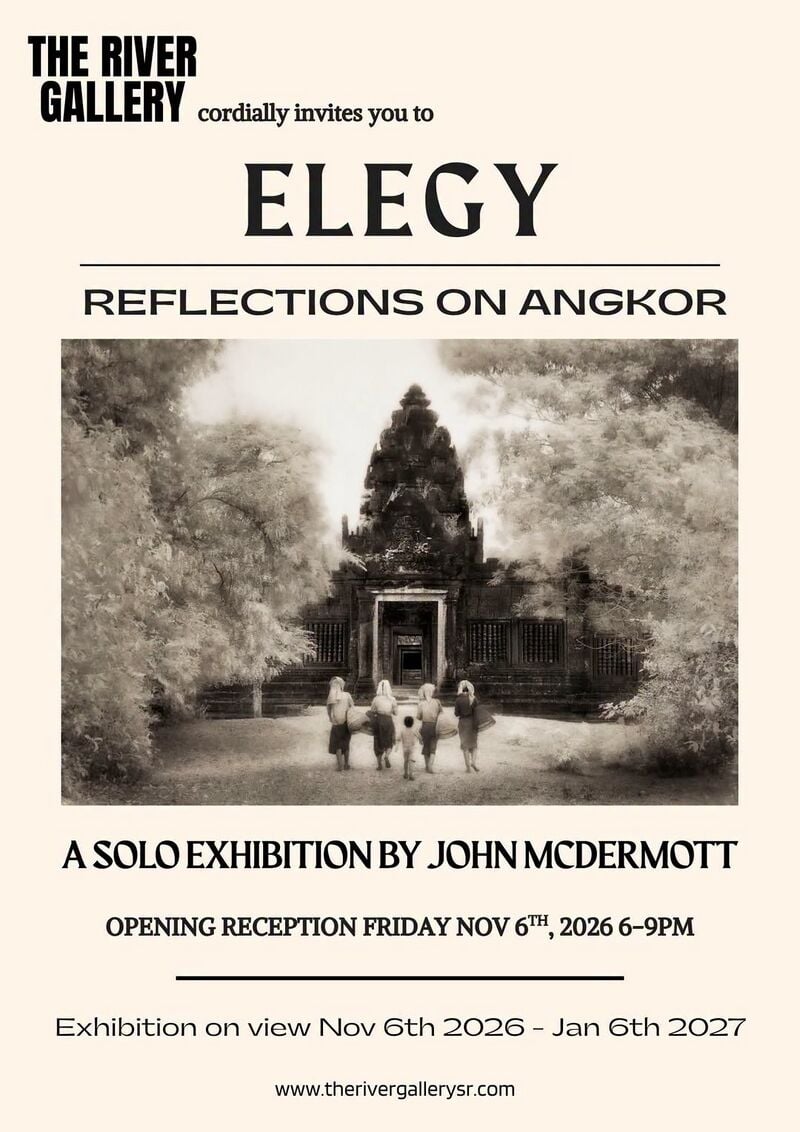 Invitation with a sepia temple photograph and the exhibition and reception dates.