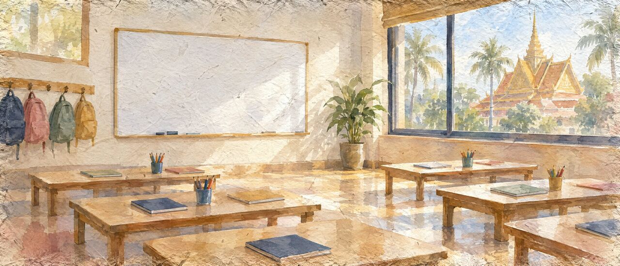 Watercolor of a weekend-school classroom with desks, a chalkboard and backpacks on hooks