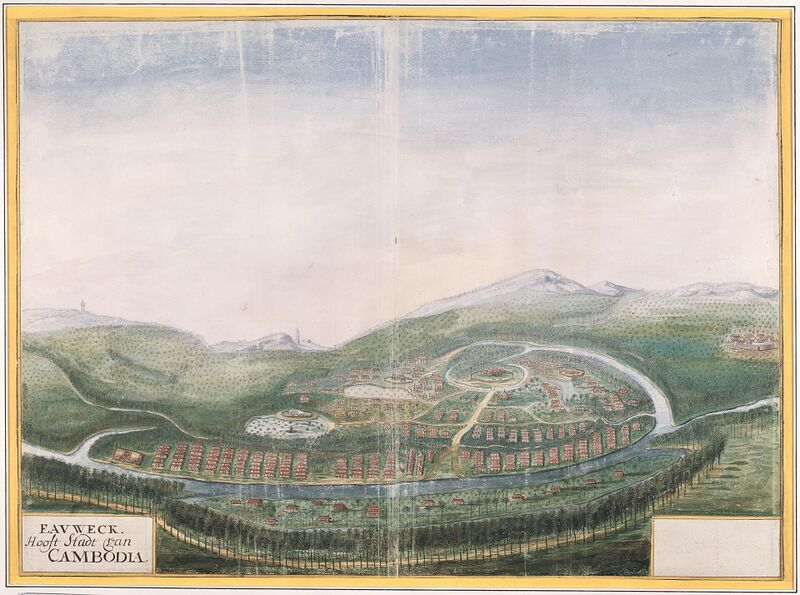 A painted panorama of a walled town beside a winding river, with green hills behind.