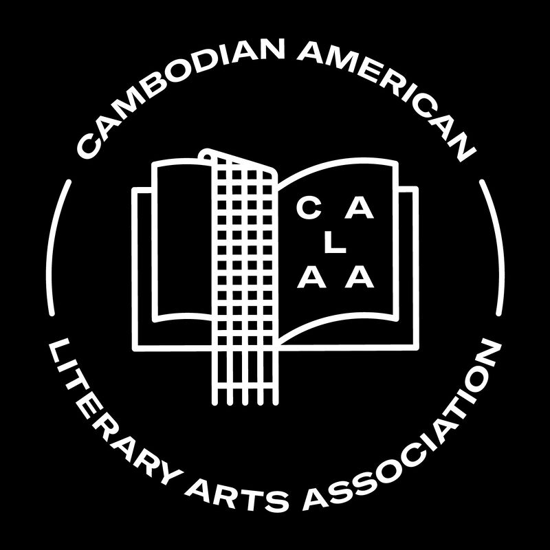 The logo of the Cambodian American Literary Arts Association: an open book, a tall building and the letters CALAA.